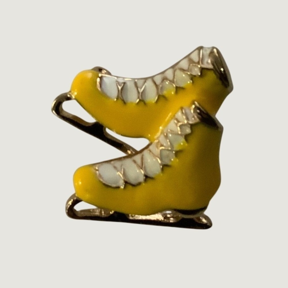Vintage Yellow Enamel Ice Skates Brooch Gold Tone Winter Sports Pin